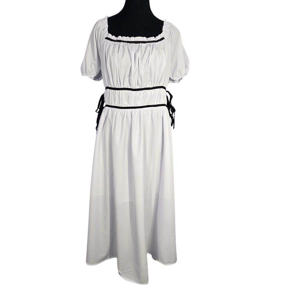 NWT | Wenrine White & Black Smocked Tie-Front Puff Sleeve Maxi Dress | Large